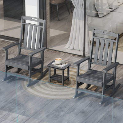 3-piece Hdpe Outdoor Rocking Chair Set With Side Table, All-weather Poly Rockers For Porch, Patio & Garden
