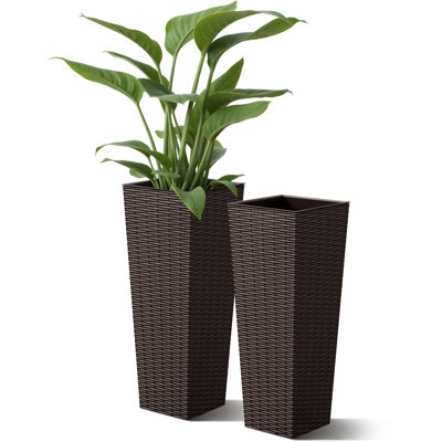 2-piece Premium Imitation Rattan Plastic Planters With Drainage Holes, Tall Planter Pots For Indoor & Outdoor Use