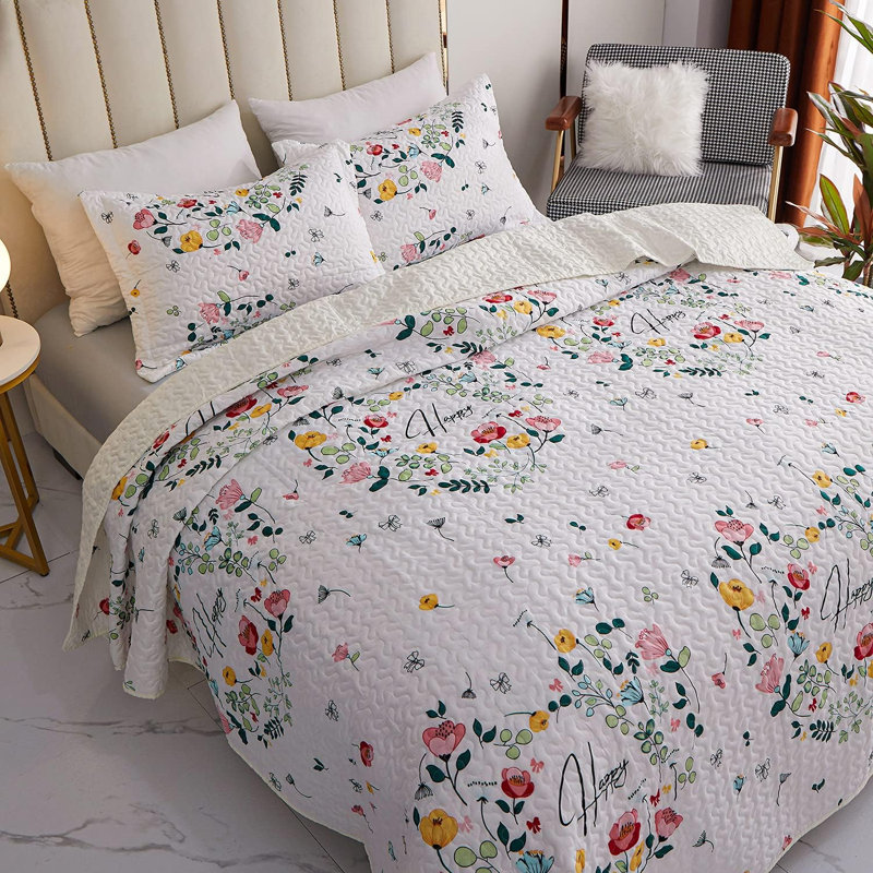  Floral Lightweight Summer Quilt Set, Twin Coverlet / Bedspread + 1 Sham