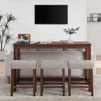 59 Inch Bar Table, Dining Table, Sofa Table With Power Outlet, 3 Upholstered Stools, 4 Piece Bar Table And Chair Set For Living Room, Dining Room, Kit
