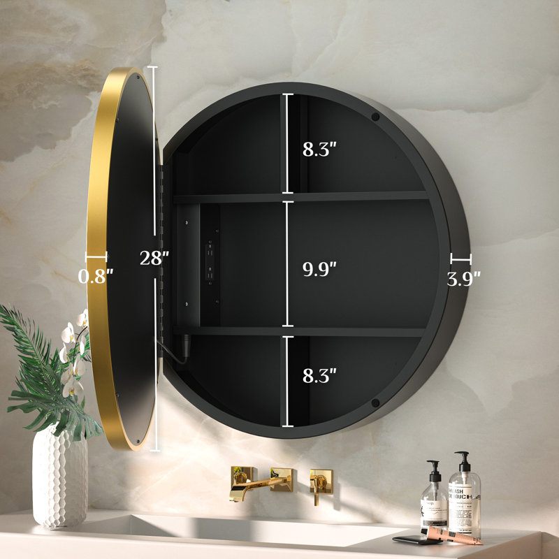 Gervon Lighted Surface Framed Round Medicine Cabinet Mirror Adjustable Shelf & AC Outlets, 28" H x 28" W x 4.7" D, Gold