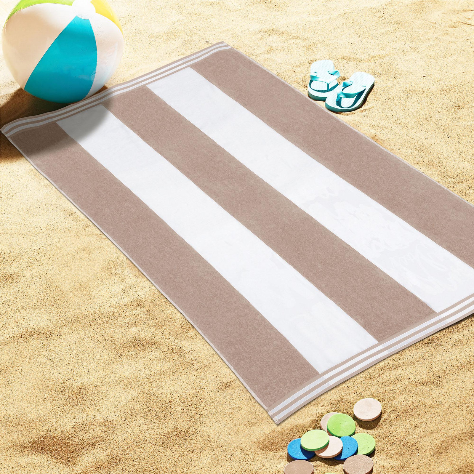 Oversized Cabana Striped Cotton Beach Towels, Taupe, 1
