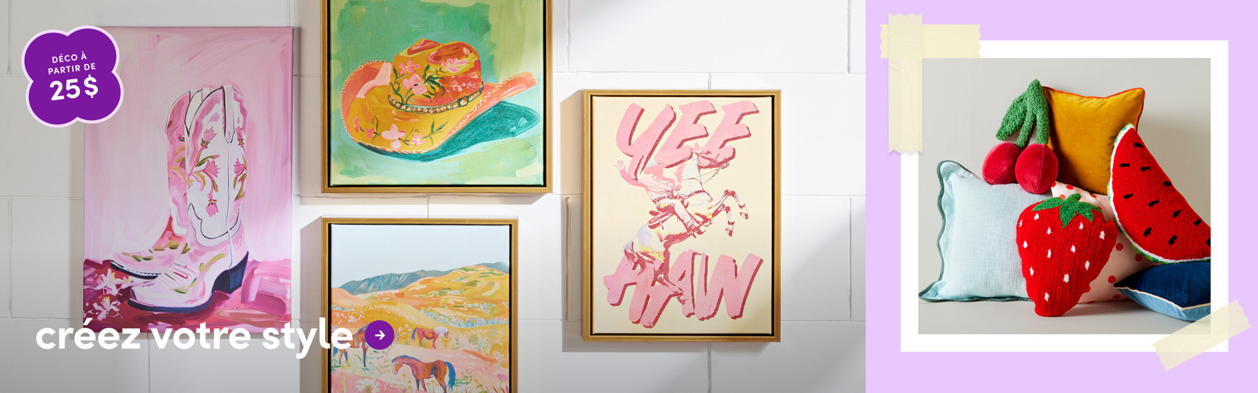 Décor d'intérieur de style western avec une peinture de bottes de cowboy et un chapeau de cowboy, une œuvre d'art 'Yee Haw', des coussins colorés en forme de fruits et le texte 'créez votre style'
