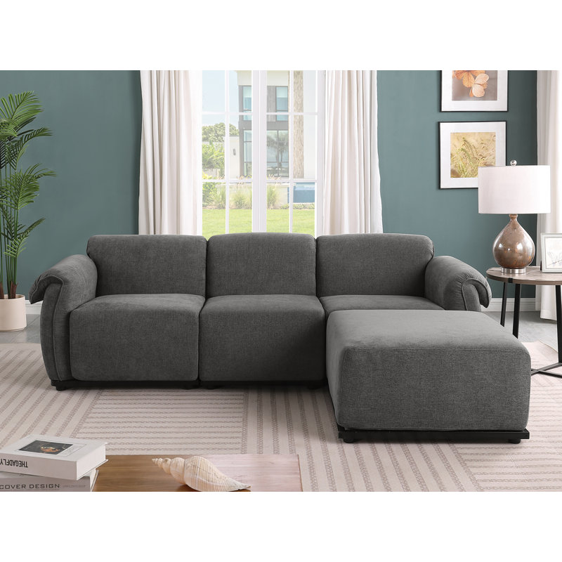 Canapé rembourré 4 pièces en L de 93 po avec repose-pieds, Gris chenille
