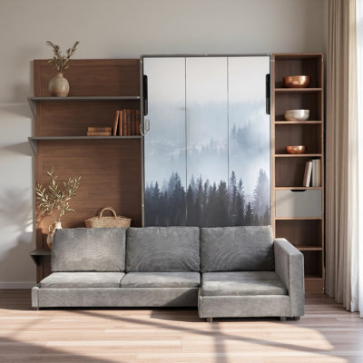 Lit escamotable simple avec armoire de rangement, étagère ouverte et port USB, grand canapé à l'avant, panneau imprimé paysage de montagne, lit mural peu encombrant pour chambre à coucher, chambre d'amis et appartement