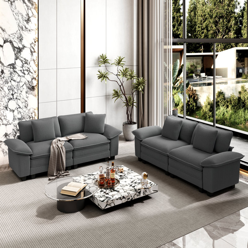 5 - Piece Living Room Set, Light Grey Corduroy