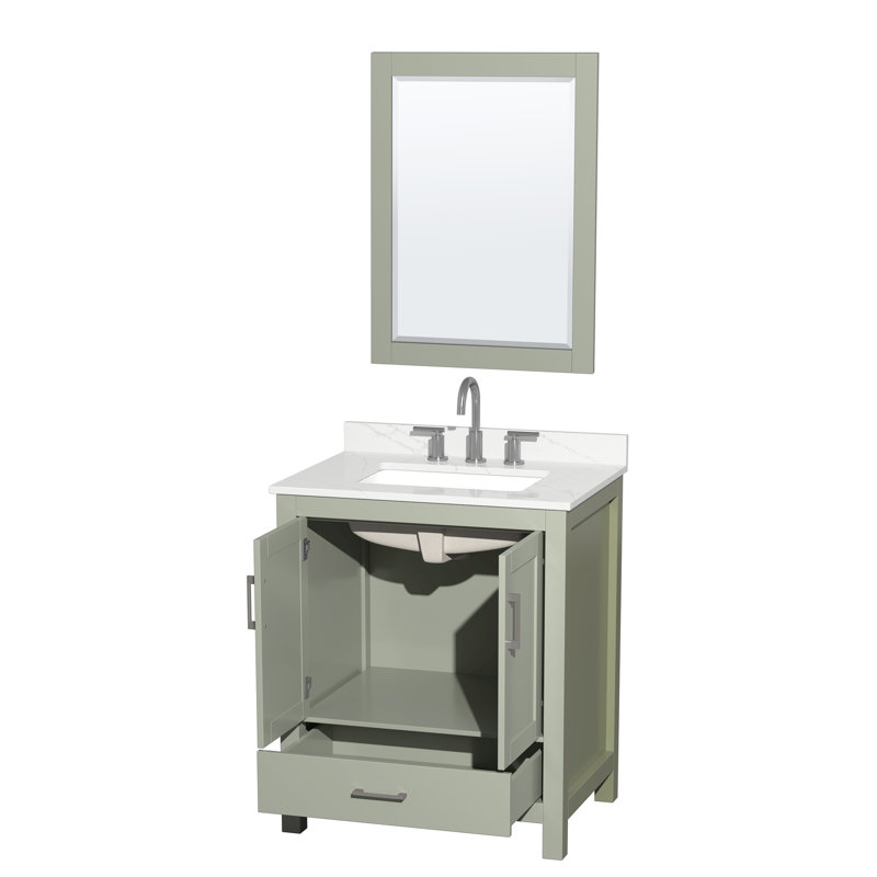 Sheffield 30" Freestanding Single Bathroom Vanity with Quartz Top with 24" Mirror, Giotto Quartz, Green, Brushed Nickel