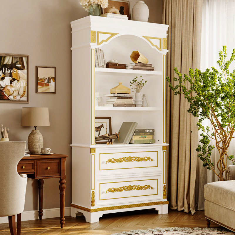 76'' H X 37" Bookcase With Glass Shelves, Touch LED Lighting & Gold Accent Trim