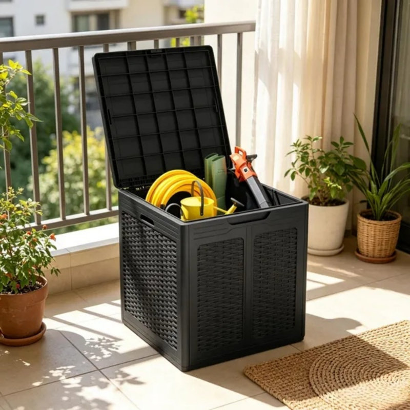 Coffret de rangement extérieur verrouillable, résistant aux intempéries et polyvalent, idéal pour organiser votre terrasse, jardin et balcon.