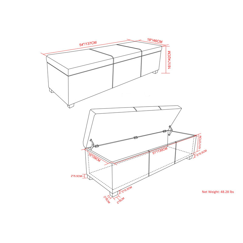 Avalon 54"W Upholstered Storage Ottoman Bench with Interior Storage and Safety Hinges, Cloud Gray