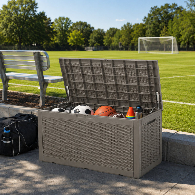 Boîte de rangement extérieure 120 gallons, boîte de rangement en résine imperméable et verrouillable avec siège, Gris