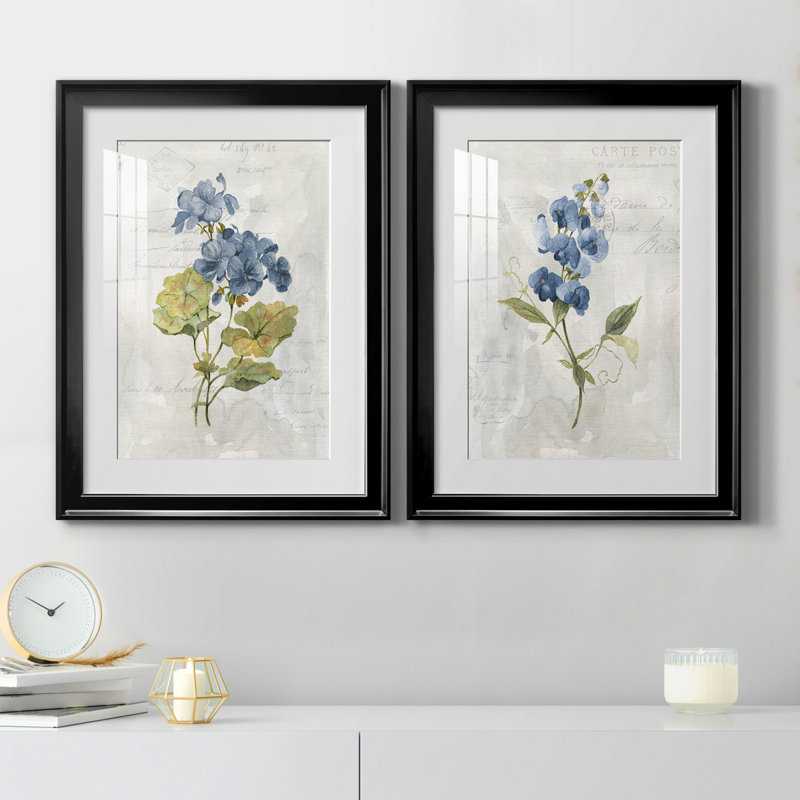 Lin bleu géranium - ensemble de 2 reproductions d'art, H 18,5 po x l 49 po x P 1,5 po, Papier encadré noir, Blanc