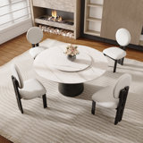 Modern Dining Table Set –Sintered Stone Tabletop With Lazy Susan, Lamb Wool Upholstered Chairs – Round Kitchen & Dining Room Furniture Set