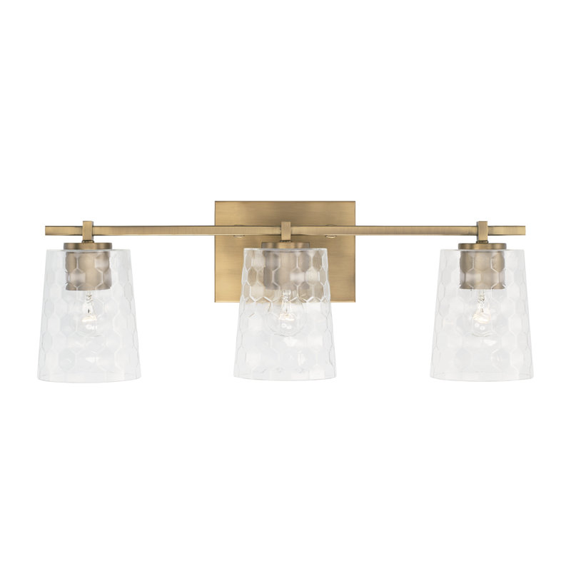 Aged Brass 3-Light Vanity with Clear Honeycomb Glass Shades