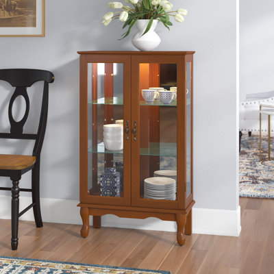 Kleinschmidt Curio Cabinet Lighted Curio Display Cabinet with Adjustable Shelves, Tempered Glass Doors and Mirrored Back Panel