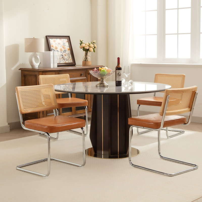 Side Chair Dining Chairs With Cane Rattan Back, Leather Camel Brown, 4