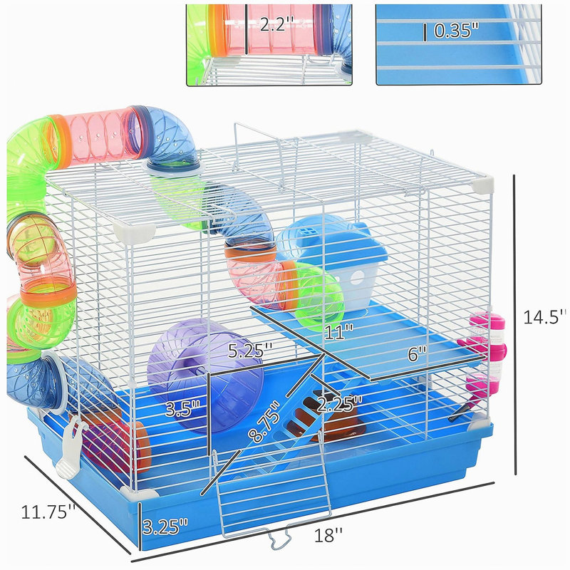Cage à hamster 18 "à 2 niveaux avec roue et bouteille d'eau, bleu
