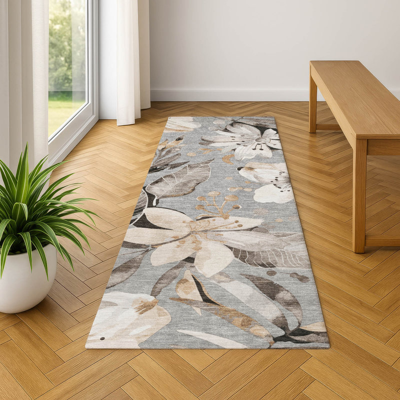 Tapis floral lavable à la machine de qualité supérieure Mayfield AMF2260, Gris, Tapis de couloir 2 pi 3 po x 7 pi 6 po
