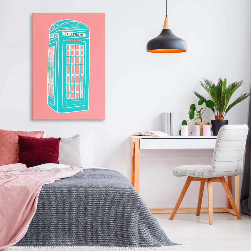 Art mural en toile pastel, cabine téléphonique par Jen Bucheli, H 45 po x l 30 po