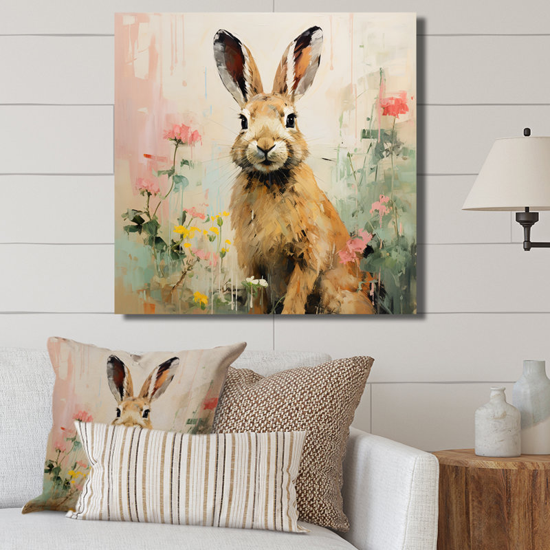 Curious floral rabbit meadow III - Lapin, art mural, H 30 po x l 30 po x P 1,5 po, Toile tendue