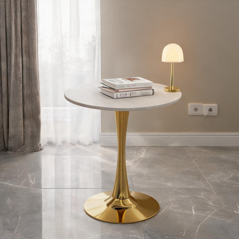 Table de salle à manger ronde avec plateau en marbre et piédestal doré, 2 à 4 places, style Mid-Century moderne pour le salon ou la cuisine