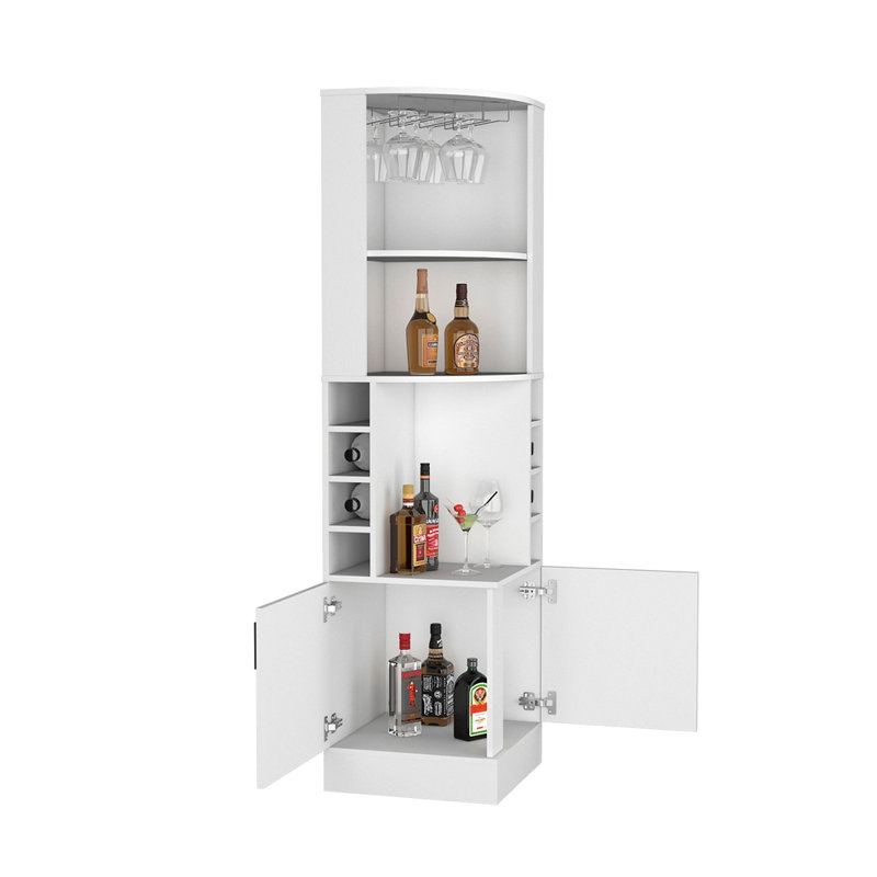 Corner Bar Cabinet, Glass Rack, Double Door Cabinet, Eight Built-In Wine Rack, White