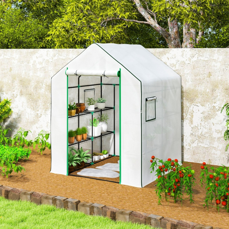 Walk In 143*140*190 cm Steel 1 Piece Walk-in Greenhouse White with Roll-up Door and Windows, 190cm H x 143cm W x 140cm D