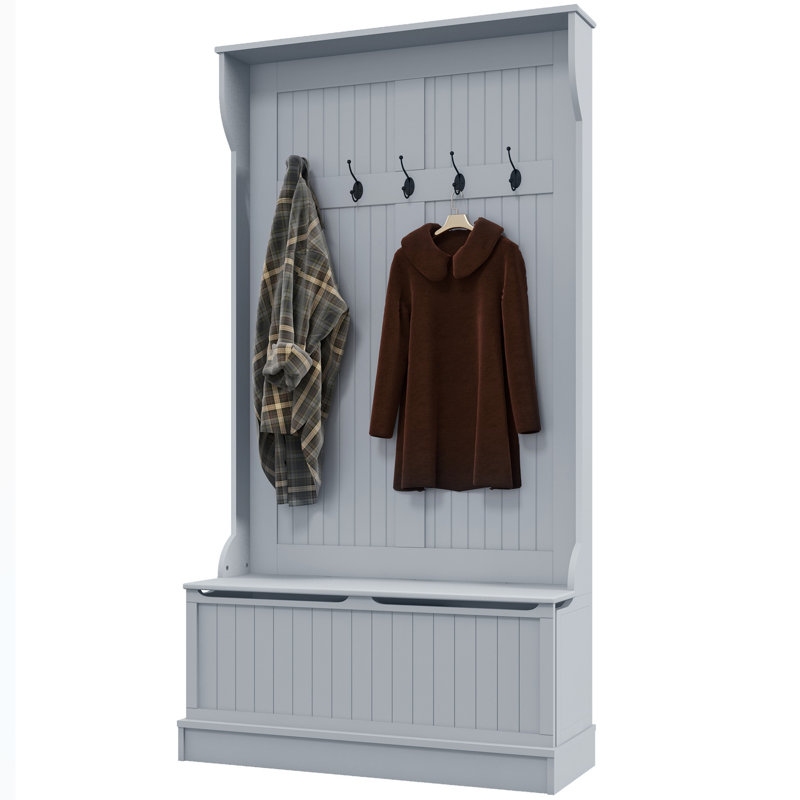 3-In-1 Entryway Hall Tree With Storage Bench, Coat Rack With Five Hooks And Shoe Storage, Gray
