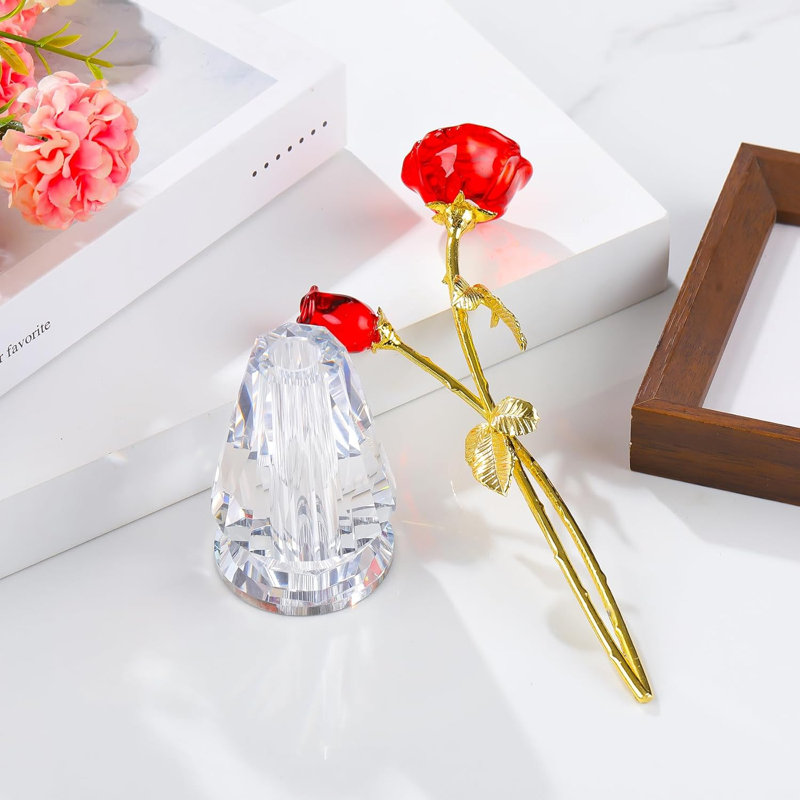 Figurine fleur en cristal avec vase à facettes, sculpture florale à deux fleurs pour table, tablette et bureau, Rouge