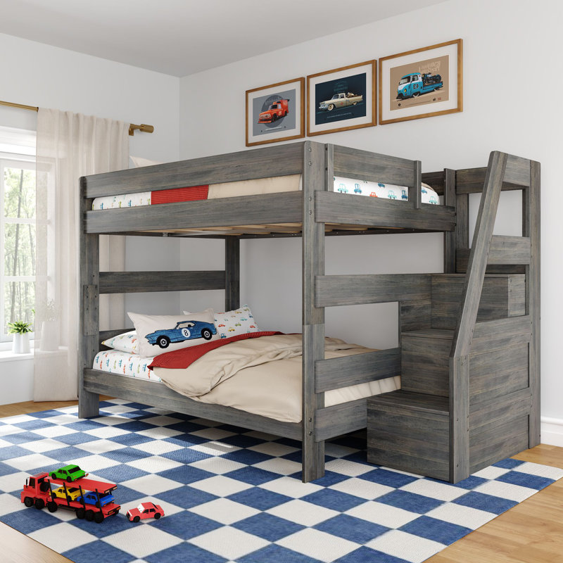 Modern Farmhouse Bunk Bed With Staircase, Farmhouse Pecan, Queen Over Queen