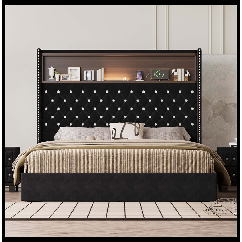 Cadre de lit doux en velours pour grand lit avec port USB et veilleuse, tête de lit de 52 po de hauteur avec décoration rivetée, lit plateforme à oreilles avec tablette de tête de lit, noir