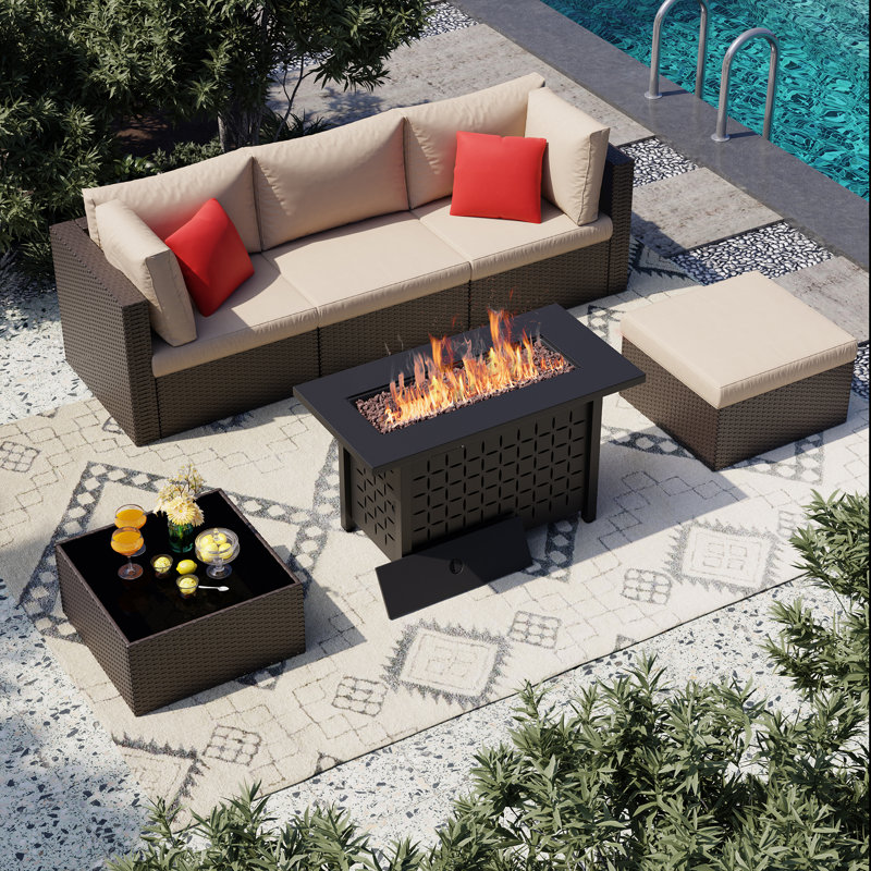  Ensemble de patio d'extérieur en rotin 6 pièces avec foyer, Beige