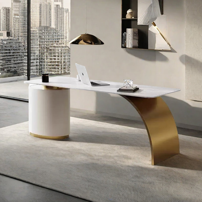 Bureau en pierre frittée minimaliste, H 29,53 po x l 78,74 po x P 27,56 po, Doré / Blanc