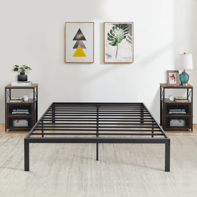 Ensemble de chambre avec lit plateforme et table de chevet en métal 3 pièces Blinni