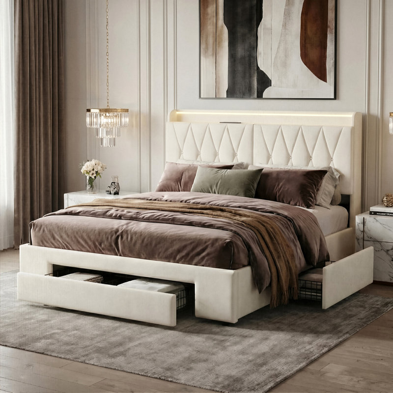 Beige Velvet Storage Bed With 3 Drawers, LED Storage Headboard & USB-C Charging, European Double (140X200cm) & King (160X200cm) 