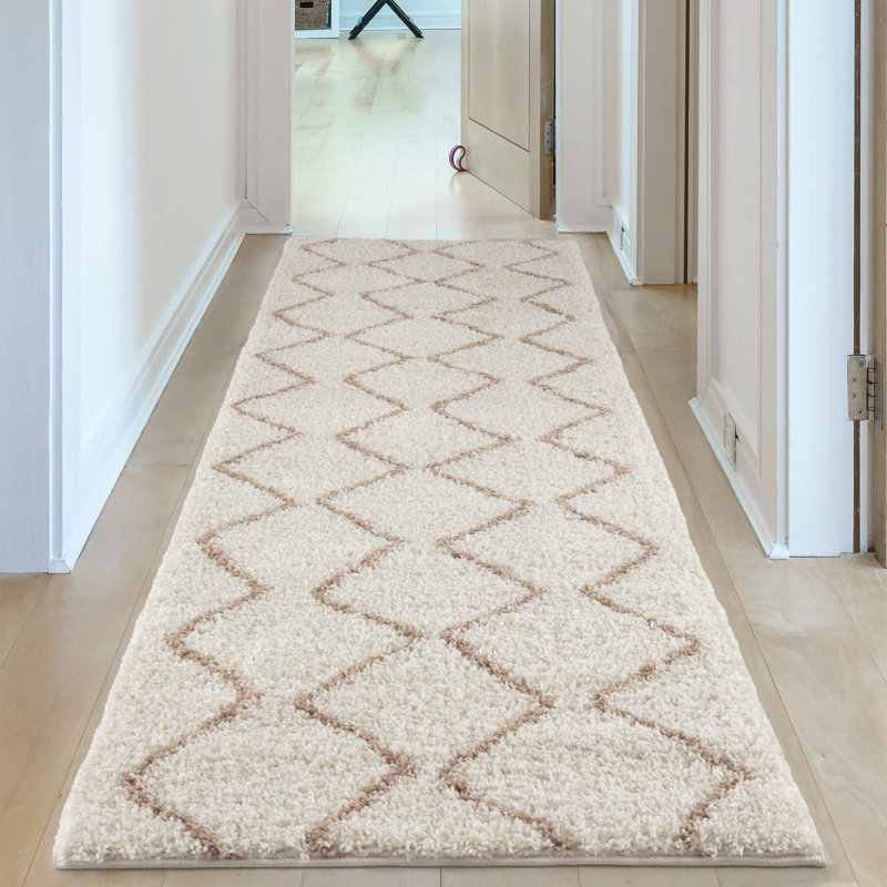 Moroccan Shaggy Collection Rugs Boho Design in Ivory/Beige, Runner 80 x 300cm