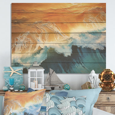 Blue And Orange Vintage Beach Aerial View IV - Beach On Wood Print