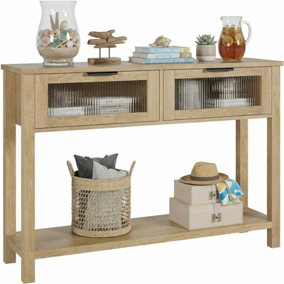 43" Modern Farmhouse Console Table with 2 Glass-Front Drawers - 2-Tier Slim Sofa Table, MDF Top & Solidified Wood Legs, Open Storage Shelf - Hallway, Living Room, Apartment.