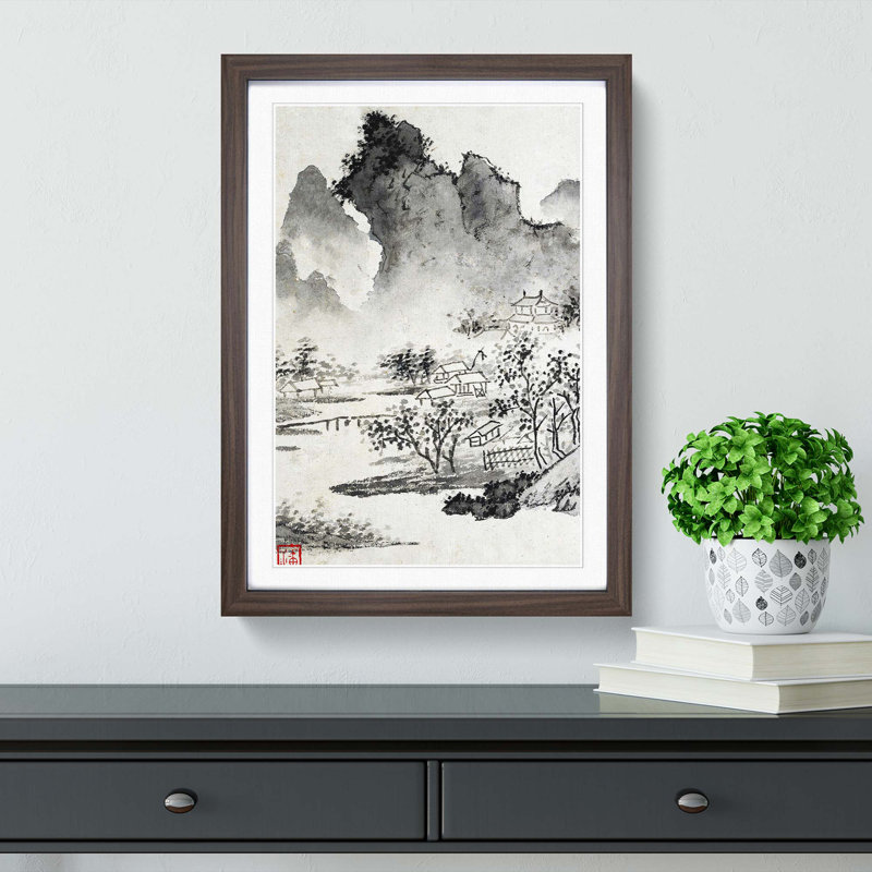 Tress & Mountains by Wen Zhengming - Picture Frame Painting Print, 65cm H x 48cm W x 2cm D, Walnut Framed