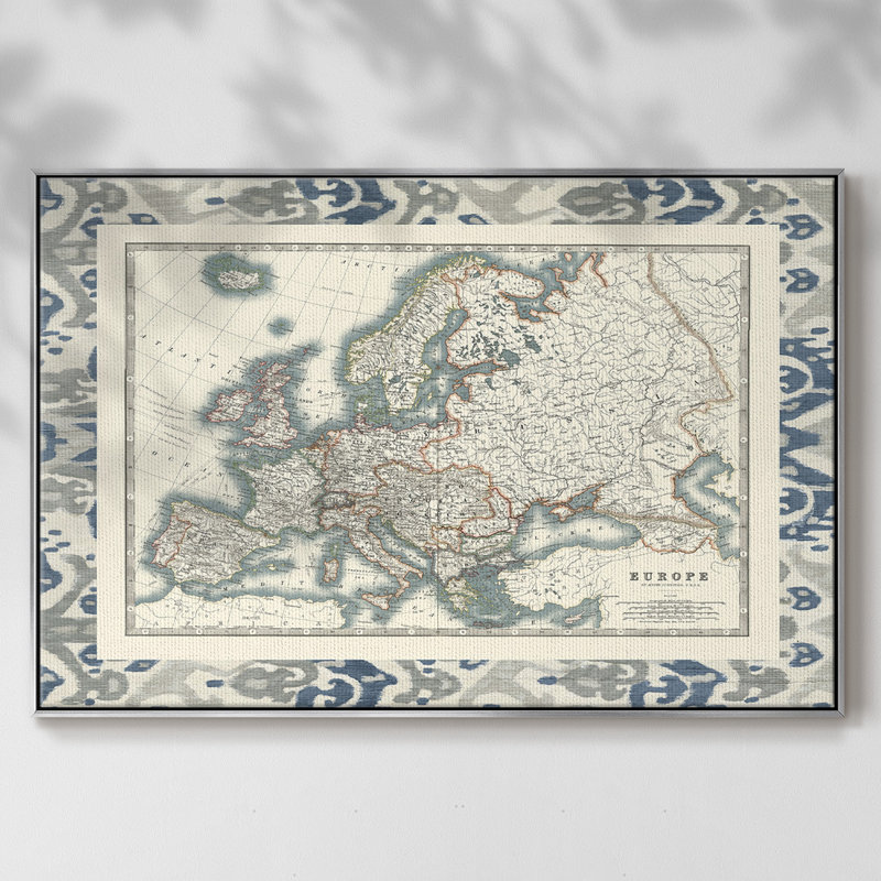 Bordé carte de l'Europe, peinture sur toile encadrée, H 17 po x l 25 po x P 2 po, Encadrement argenté