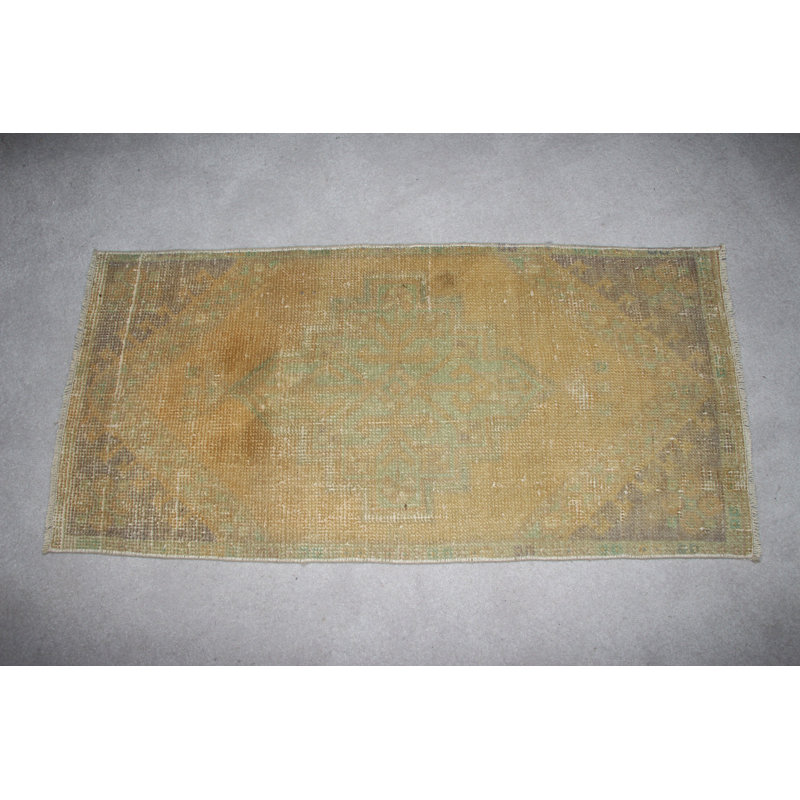 Handmade Antique Small Muted Oushak Rug in Yellow for a Colorful Kitchen Entry and Door Mat Decoration from Turkey