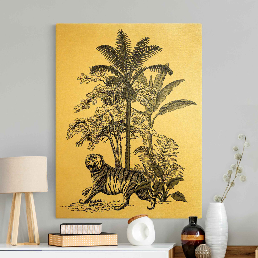 Leinwandbild Gold Vintage Illustration Stolzer Tiger