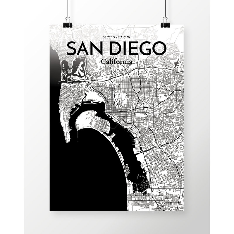 «San Diego City Map», reproduction d'impression à l'encre / blanc, H 24 po x l 18 po