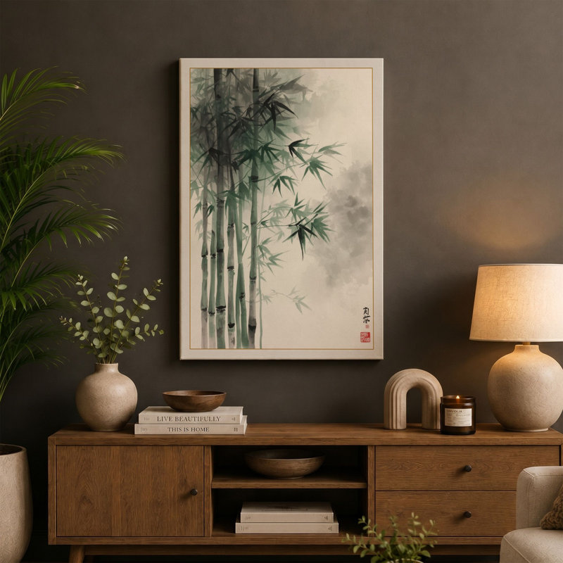 Bamboo in Mist Japandi - Wrapped Canvas, 36x24 - 91.4 x 61.0 cm, Cream Border