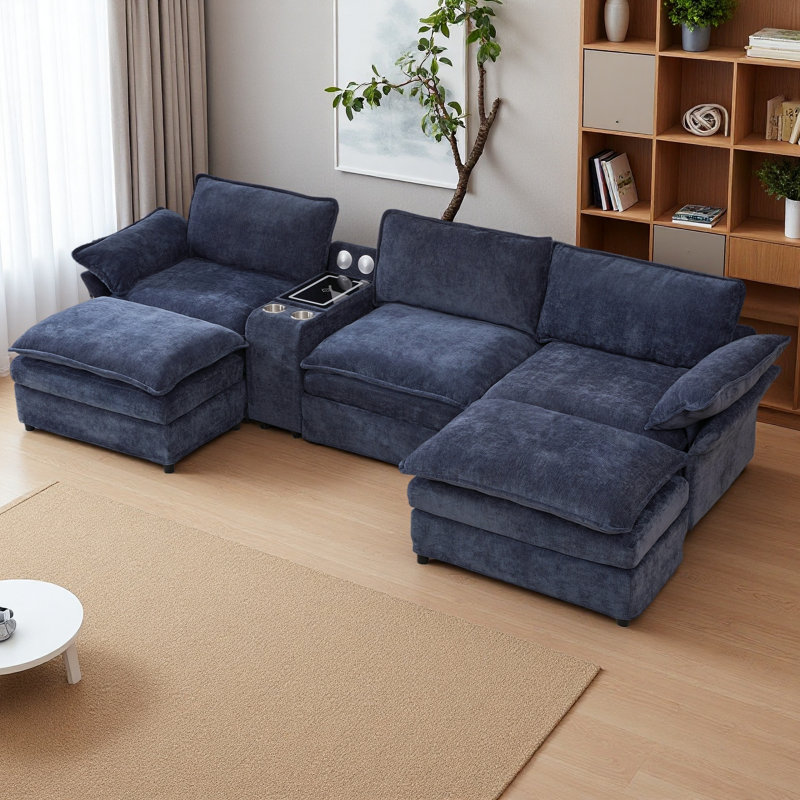 U Shaped Modular Sectional Sofa,Storage Console & Wireless Charging,2 Cup Holders,Bluetooth Speakers,2 Movable Footstools