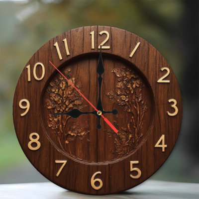 Wooden Clock With Tree Carvings