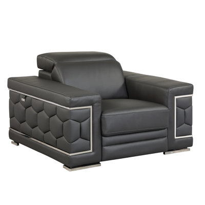 47" Granite Gray And Silver Genuine Leather Club Chair