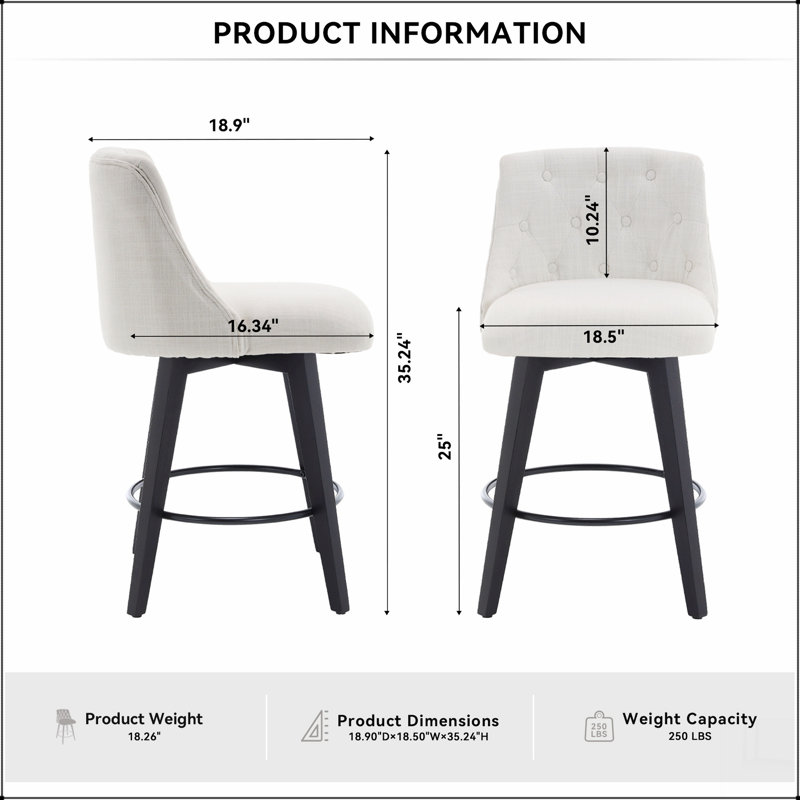 Chaises de comptoir pivotantes, tissu de lin moderne avec dossier capitonné, tabourets de bar élégants, ensemble de 2 pour bar, îlot de cuisine, salle à manger, blanc