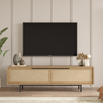 Ocean Tv Unit Console With Metal Legs  63 Inches With Storage Shelves & Doors  Oak  Uv Print