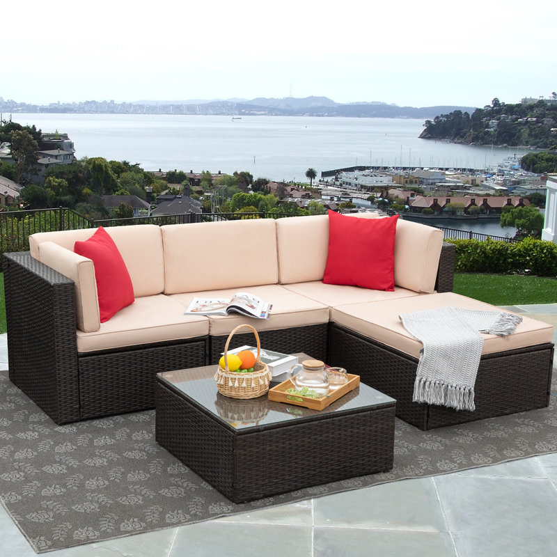 Ensemble de conversation modulaire en rotin 5 pièces avec coussins Agaran, Beige, Brun, Rouge